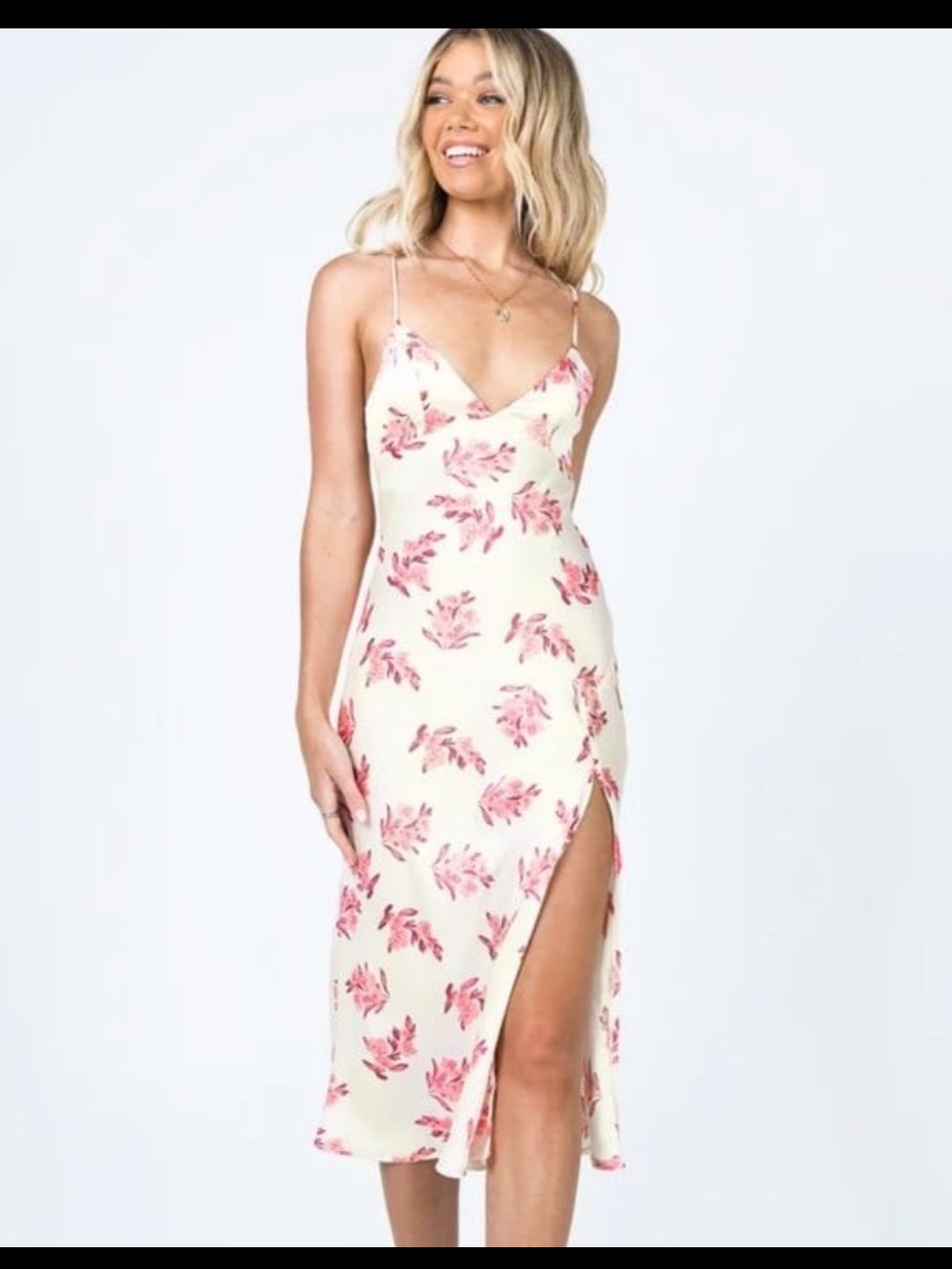 Floral Slip Satin Gogi Midi Dress with Side Slit - Pink